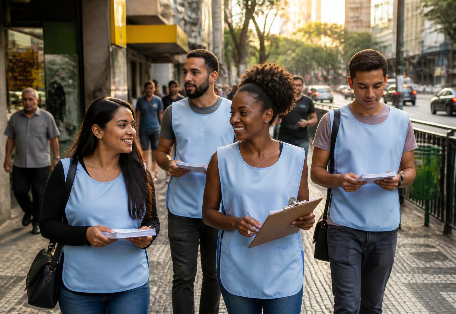 Equipe de rua com coletes neutros caminhando em avenida de cidade brasileira durante o dia
